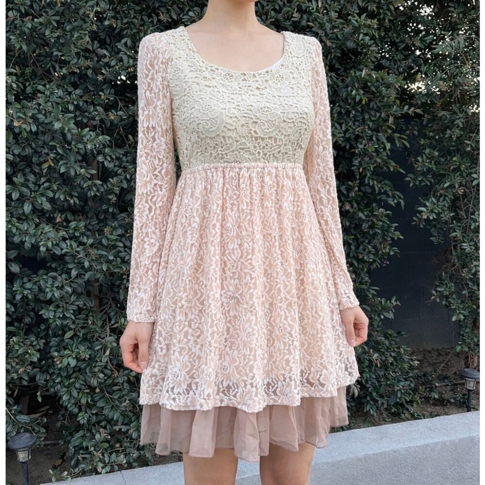 A’reve Romantic Tan Cream Underlined Tulle Stretch Long Sleeve Fairy Dress Small